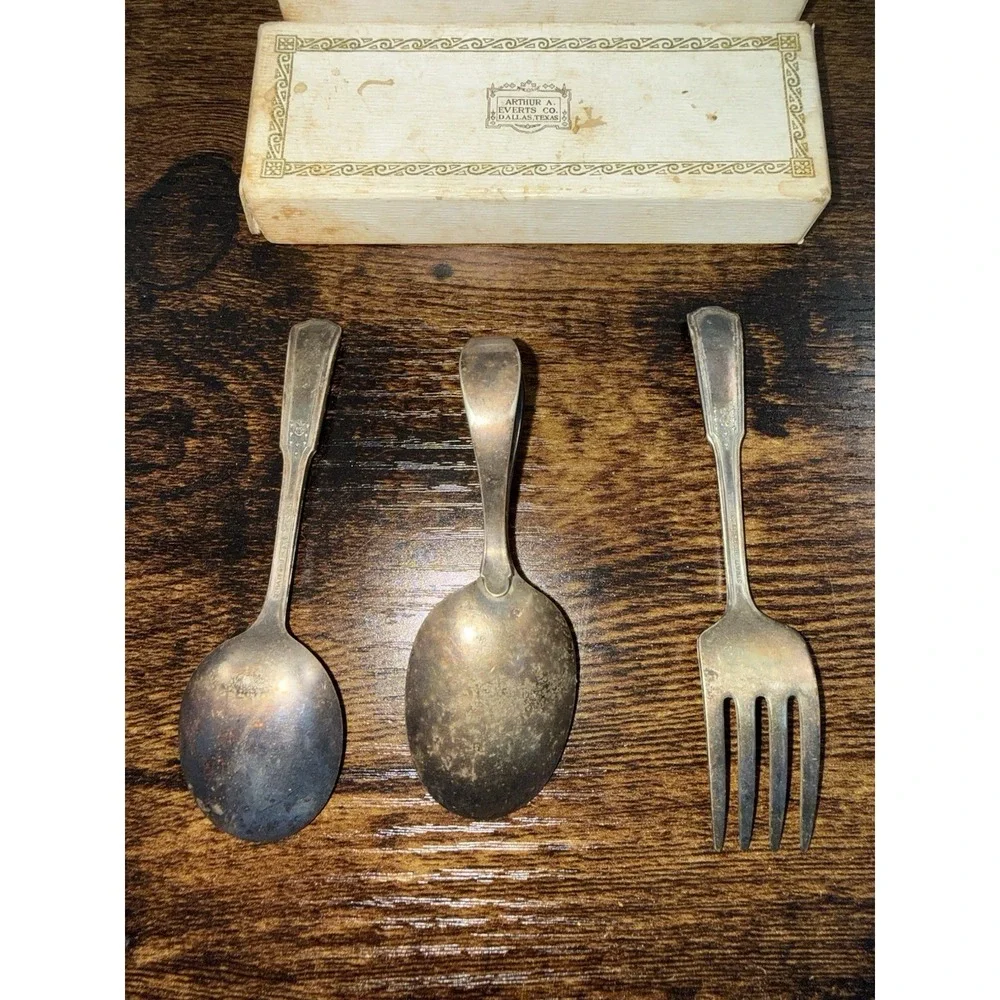Vintage Arthur A Everts Co Dallas TX Child Silverplate Spoon Fork Baby Set W Box